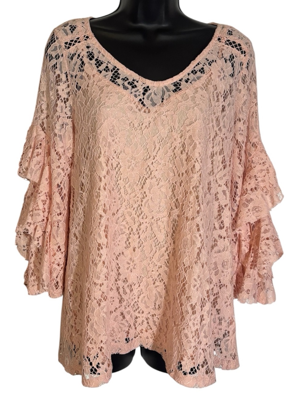 Pink Lace Boho Top Ruffle Sleeves V-Neck Camisole Lined Fever Women’s Medium